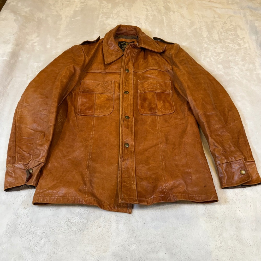 Vintage Genuine Leather Safari Jacket Mens 40 Cognac Brown Military Field Coat
